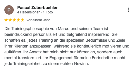 Original Google Maps Bewertung von Pascal Zuberbühler, Ex-Goalie Schweizer Nati, für Marco Laterza Personal Training Zürich
