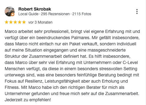 Original Google Maps Bewertung von Robert Skrobak, Local Guide, 295 Rezensionen, für Marco Laterza Personal Training Zürich